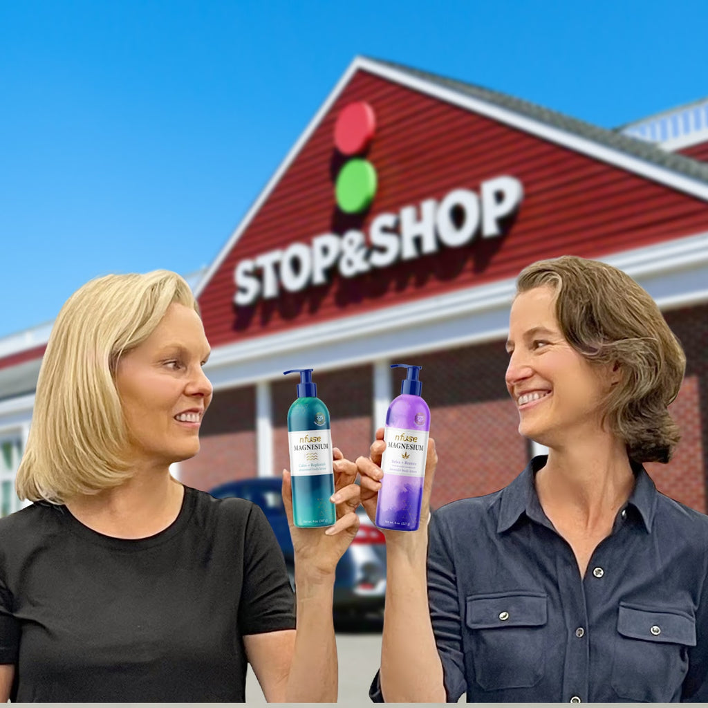 nfuse founders Ann and Emily at Stop & Shop with their Magnesium Lotion